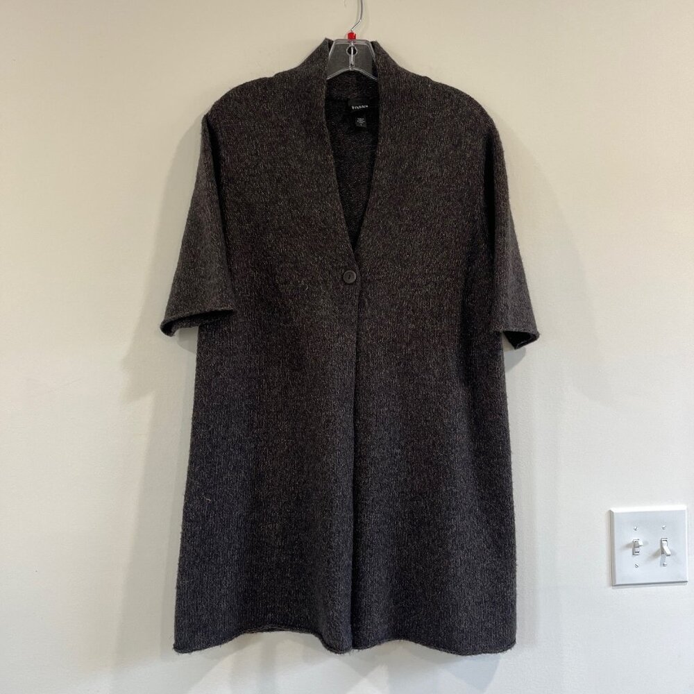 Eileen Fisher Short Sleeve Cardigan Women's Sweater Gray/Charcoal Merino Wool LG